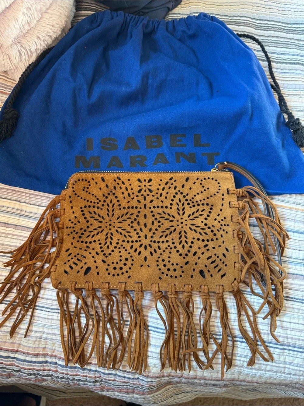 Isabel Marant Tan Suede Laser-Cut Fringe Clutch